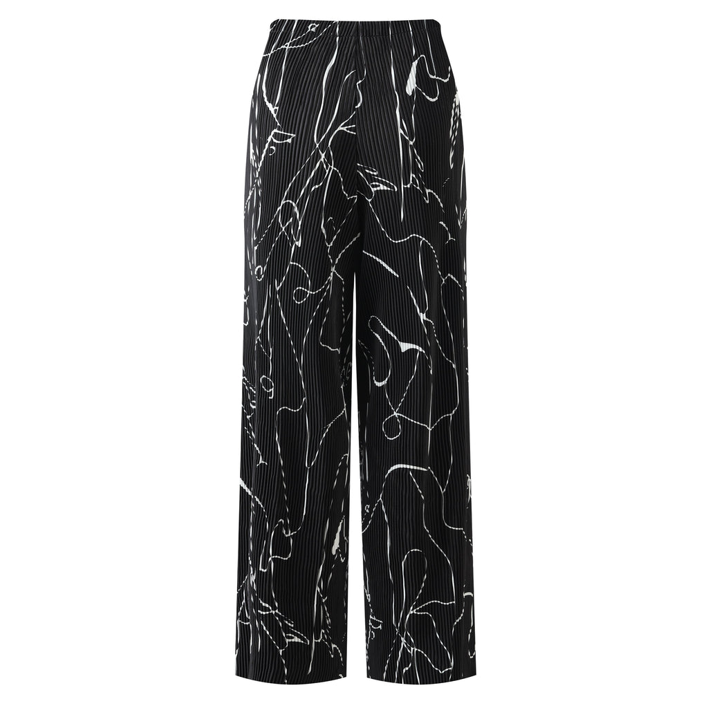 Black Line Art Abstract Print Wide-Leg Drawstring Palazzo Pleated Pants CORE(0XL-XL)
