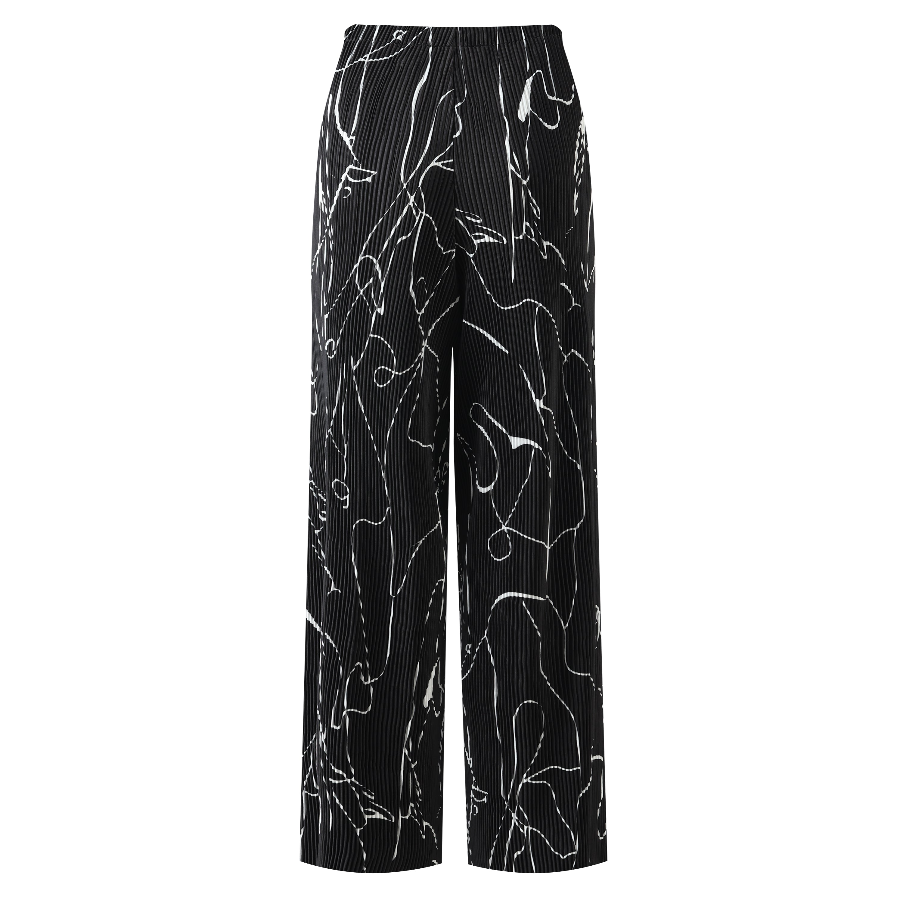 Black Line Art Abstract Print Wide-Leg Drawstring Palazzo Pleated Pants XPLUS(4XL-5XL)