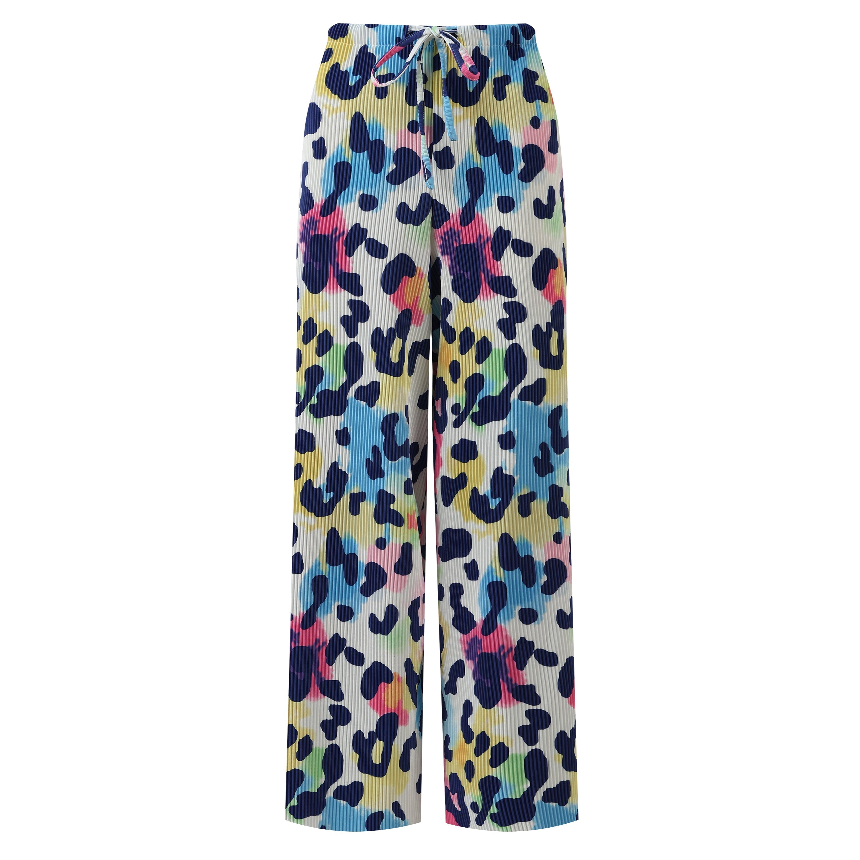 Colorful Leopard Print Abstract Print Wide-Leg Drawstring Palazzo Pleated Pants