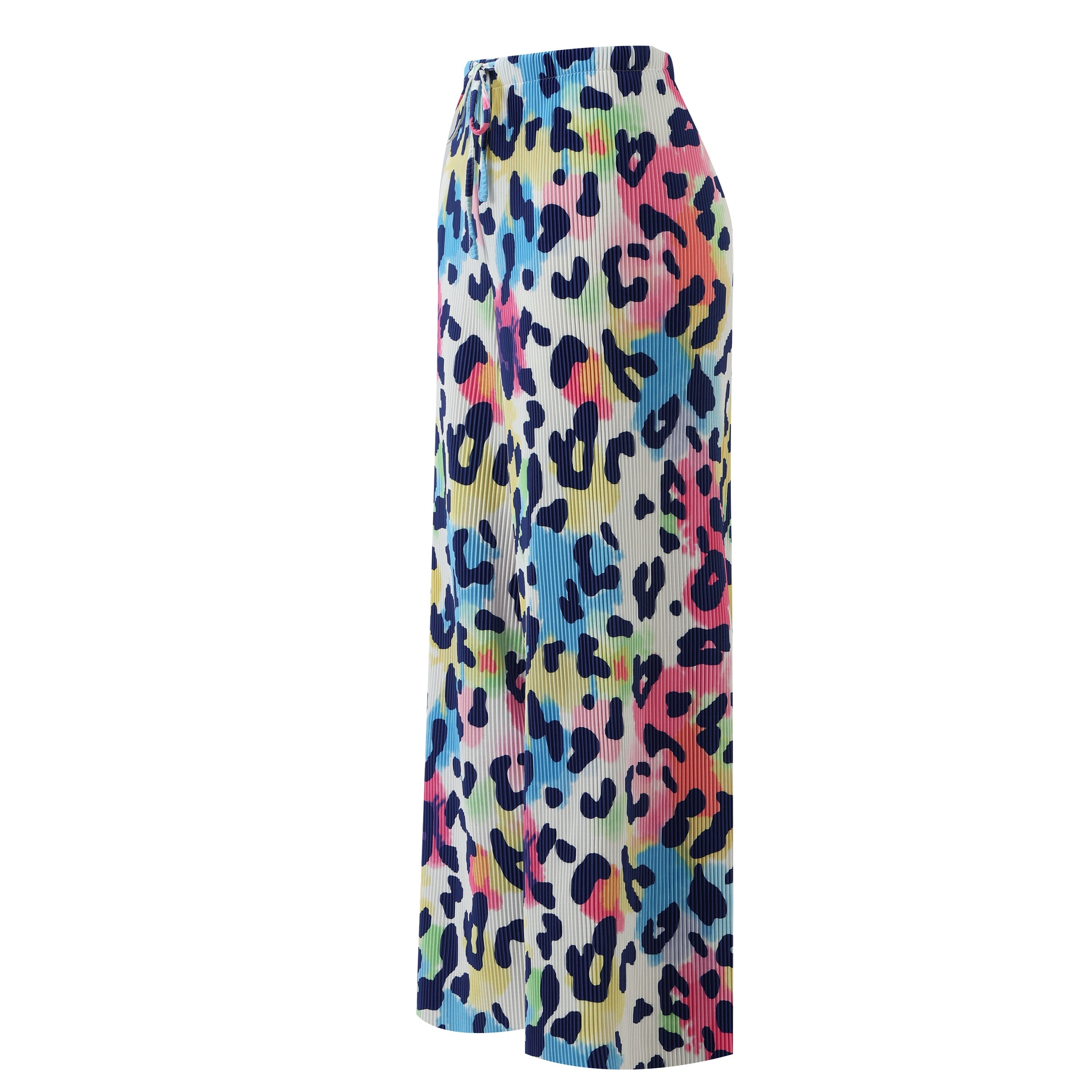 Colorful Leopard Print Abstract Print Wide-Leg Drawstring Palazzo Pleated Pants