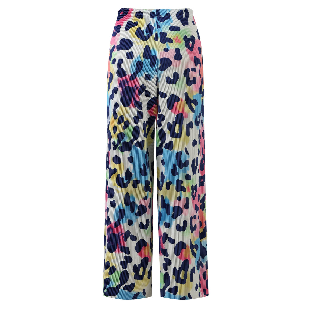 Colorful Leopard Print Abstract Print Wide-Leg Drawstring Palazzo Pleated Pants