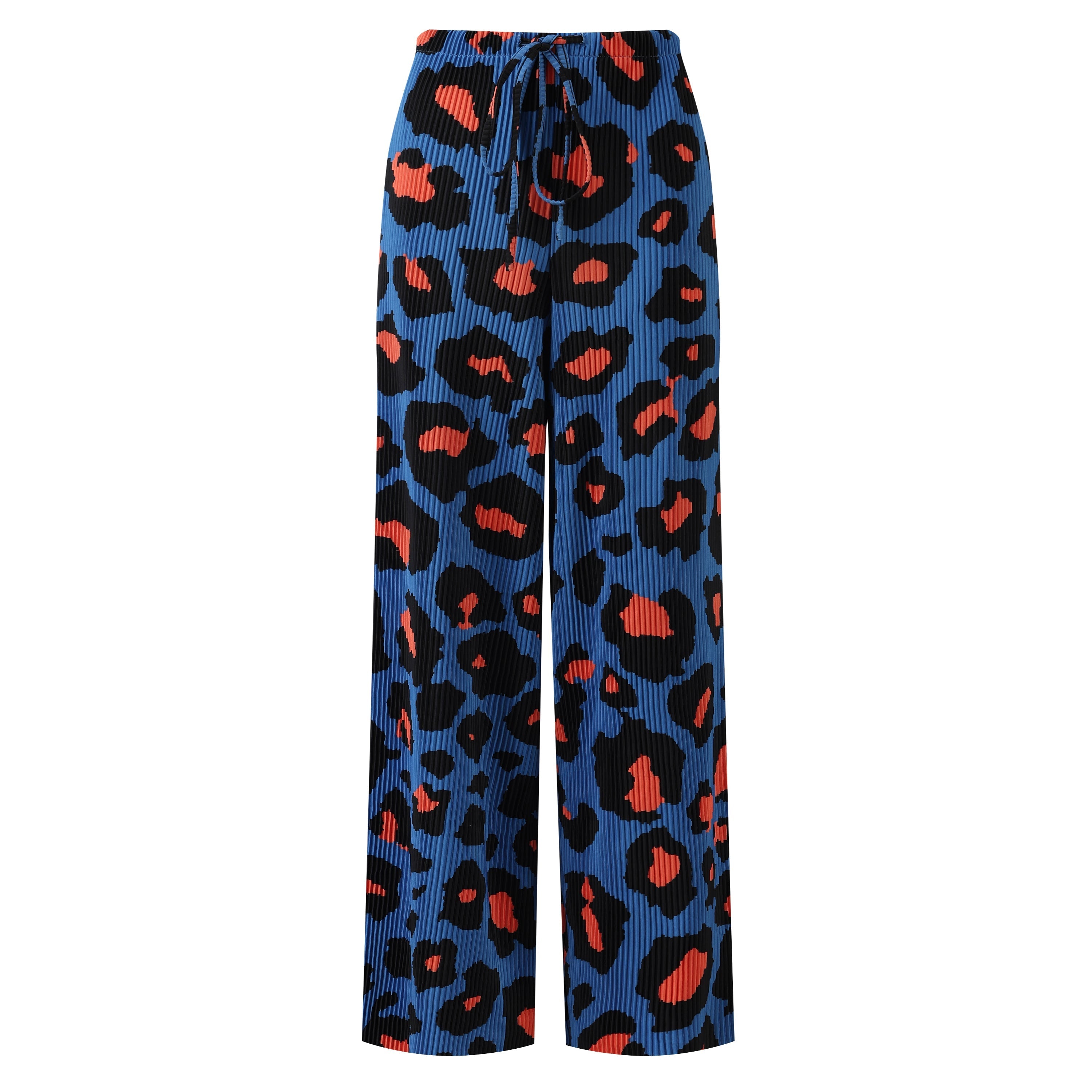 Blue Leopard Abstract Print Wide-Leg Drawstring Palazzo Pleated Pants