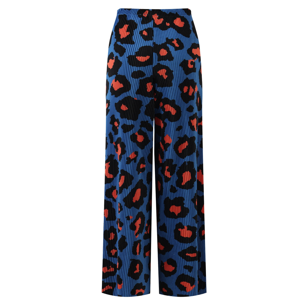 Blue Leopard Abstract Print Wide-Leg Drawstring Palazzo Pleated Pants