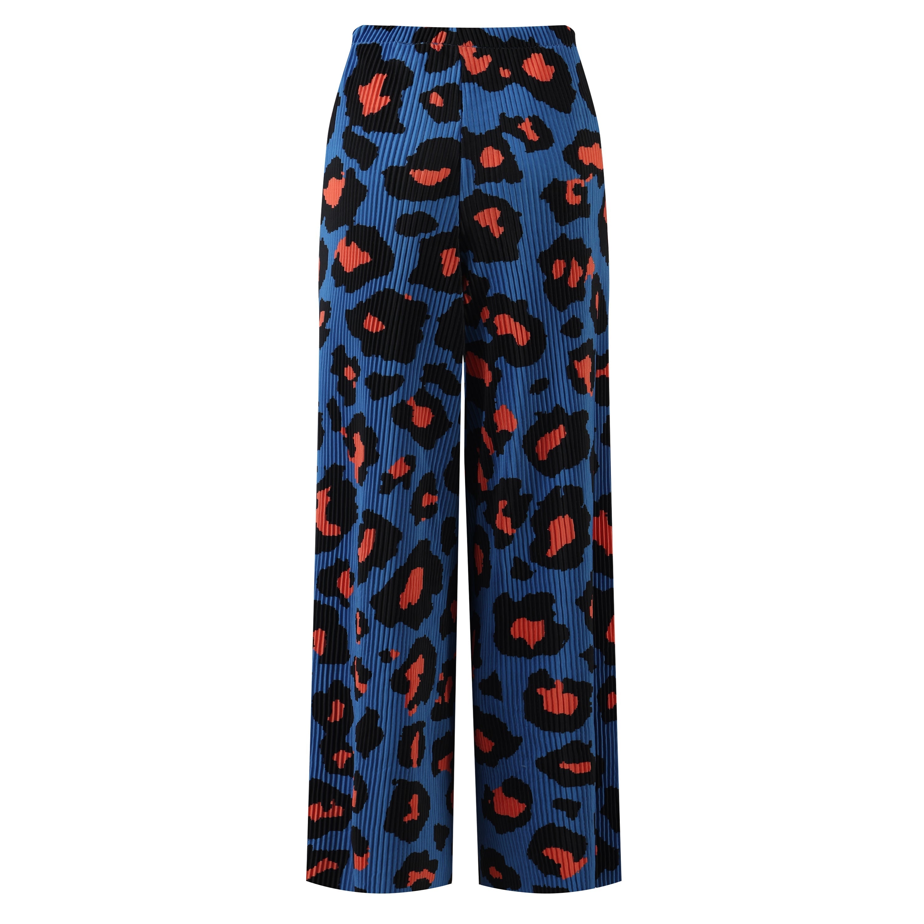 Blue Leopard Abstract Print Wide-Leg Drawstring Palazzo Pleated Pants