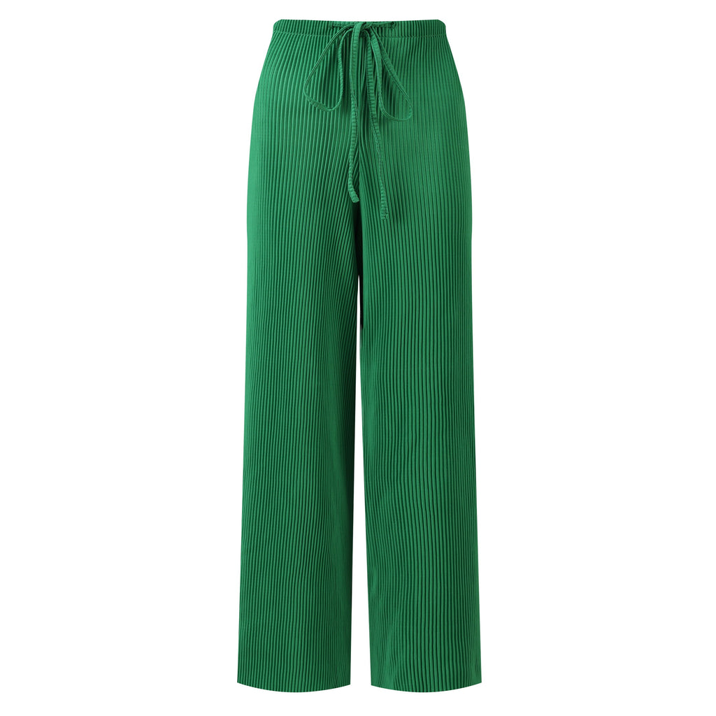 Green Wide-Leg Drawstring Pants Palazzo Pleated Pants