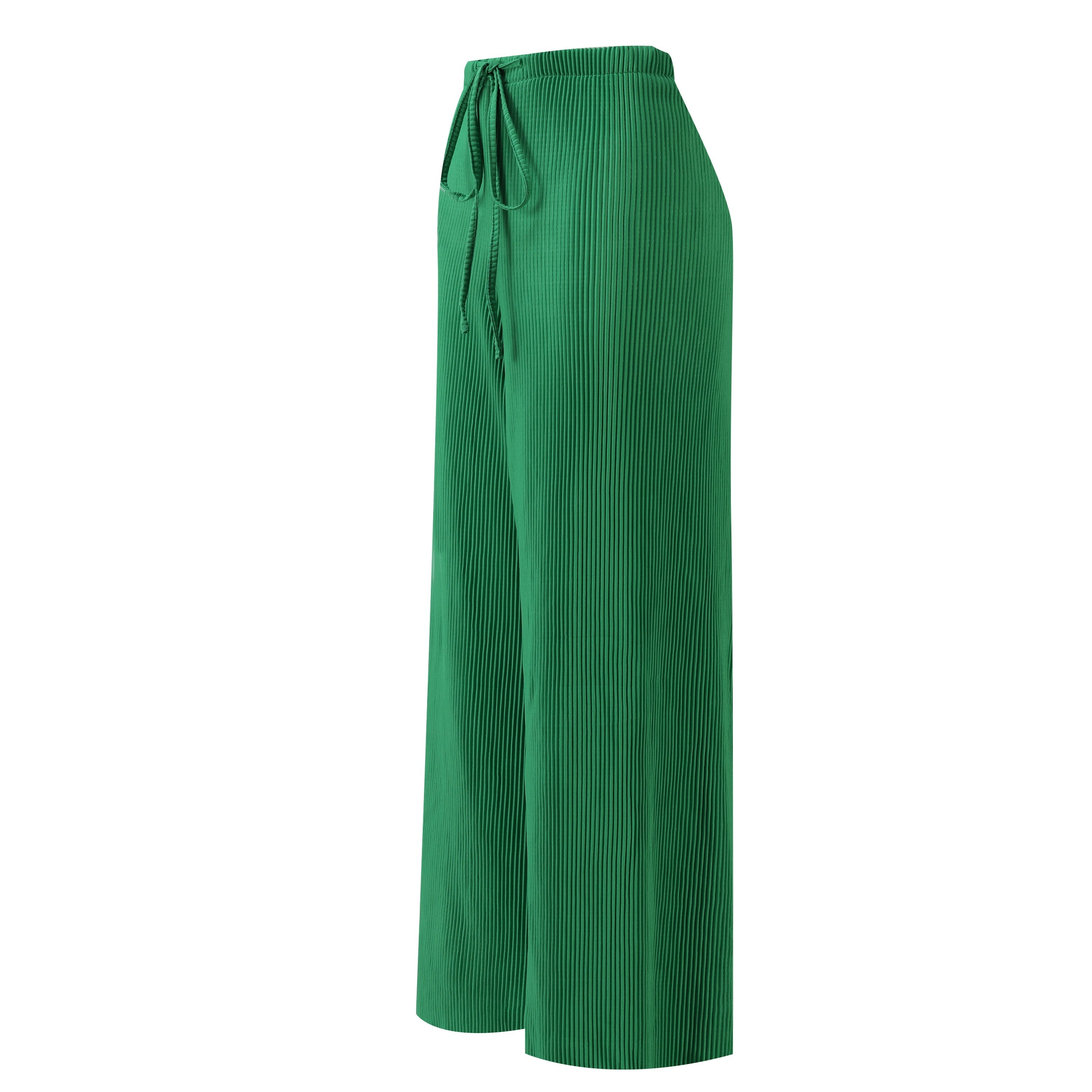 Green Wide-Leg Drawstring Pants Palazzo Pleated Pants