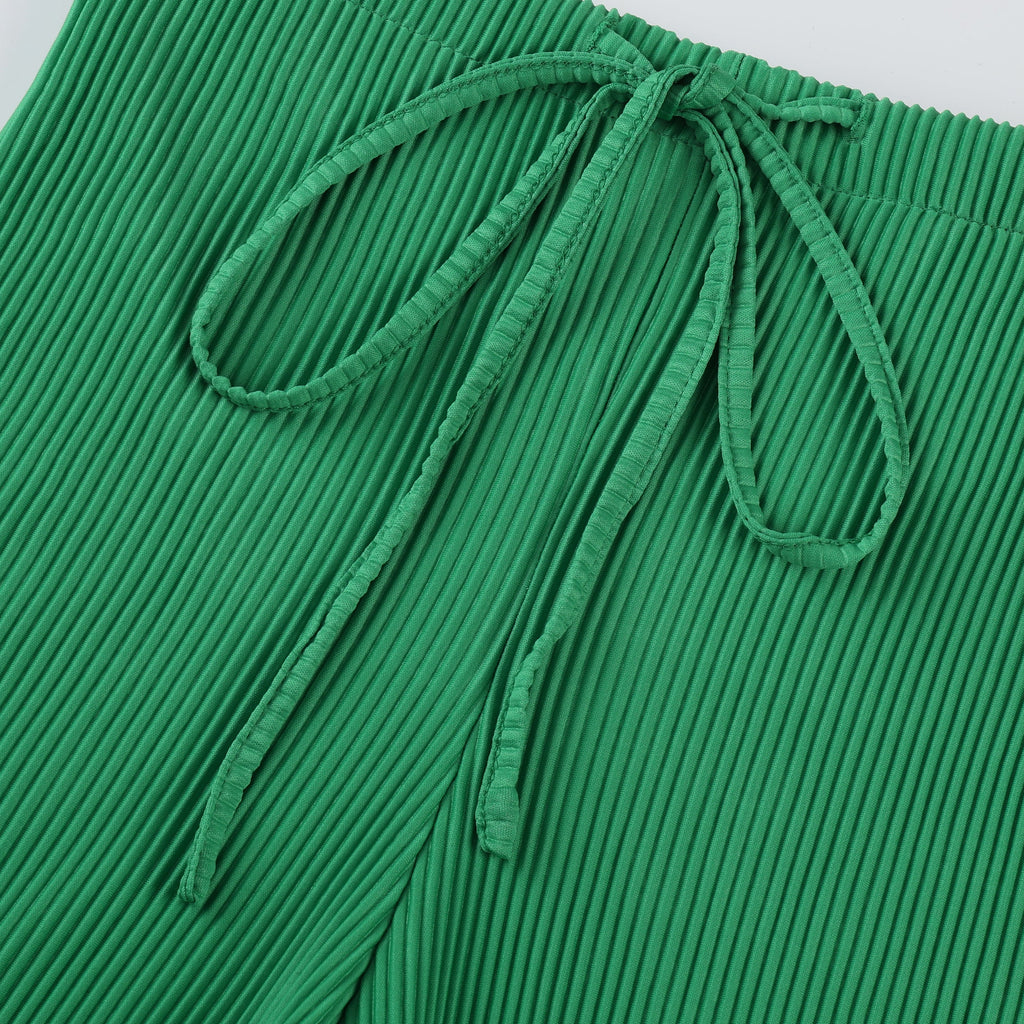 Green Wide-Leg Drawstring Pants Palazzo Pleated Pants