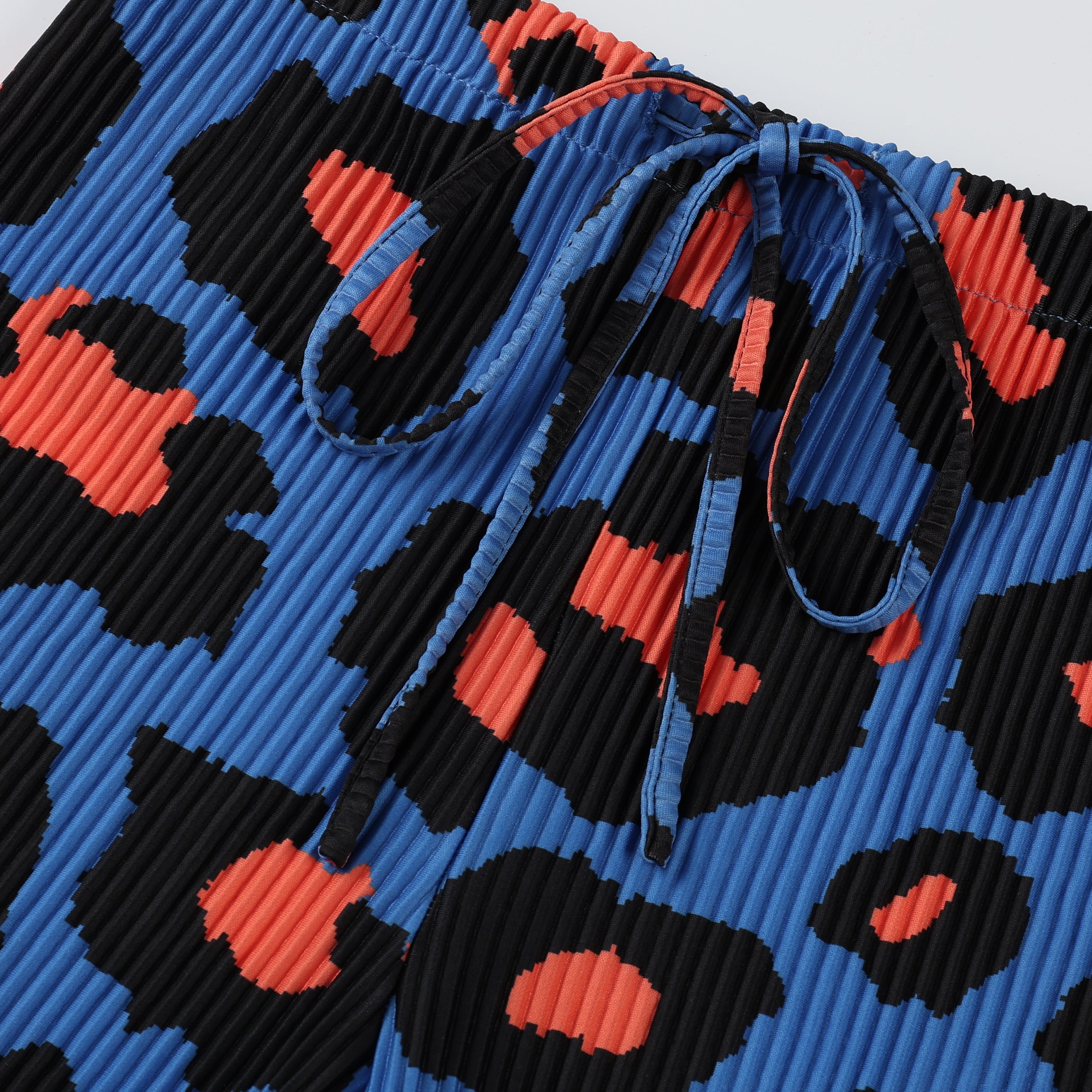 Blue Leopard Abstract Print Wide-Leg Drawstring Palazzo Pleated Pants