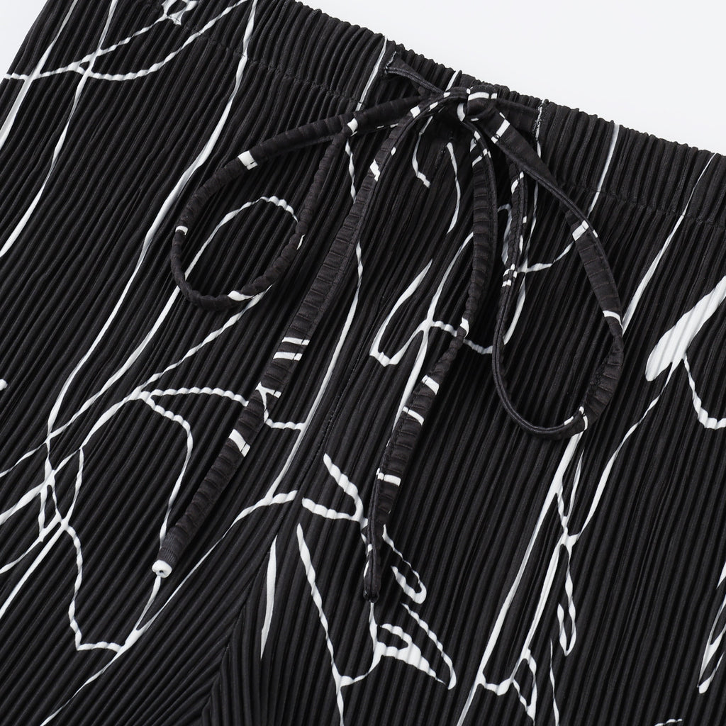 Black Line Art Abstract Print Wide-Leg Drawstring Palazzo Pleated Pants PLUS