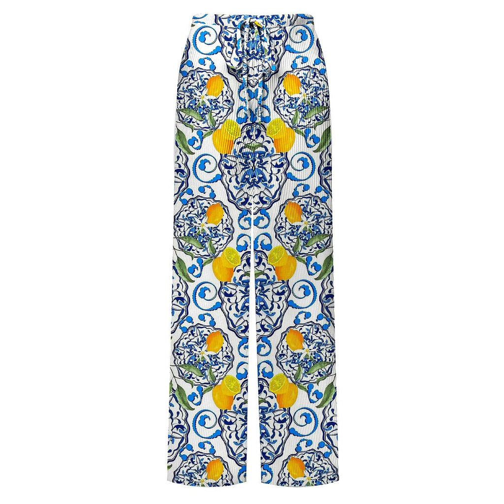 Lemon Motifs Blue Scrollwork Ornate Print One-Piece Swimsuit&Skirt&Pants