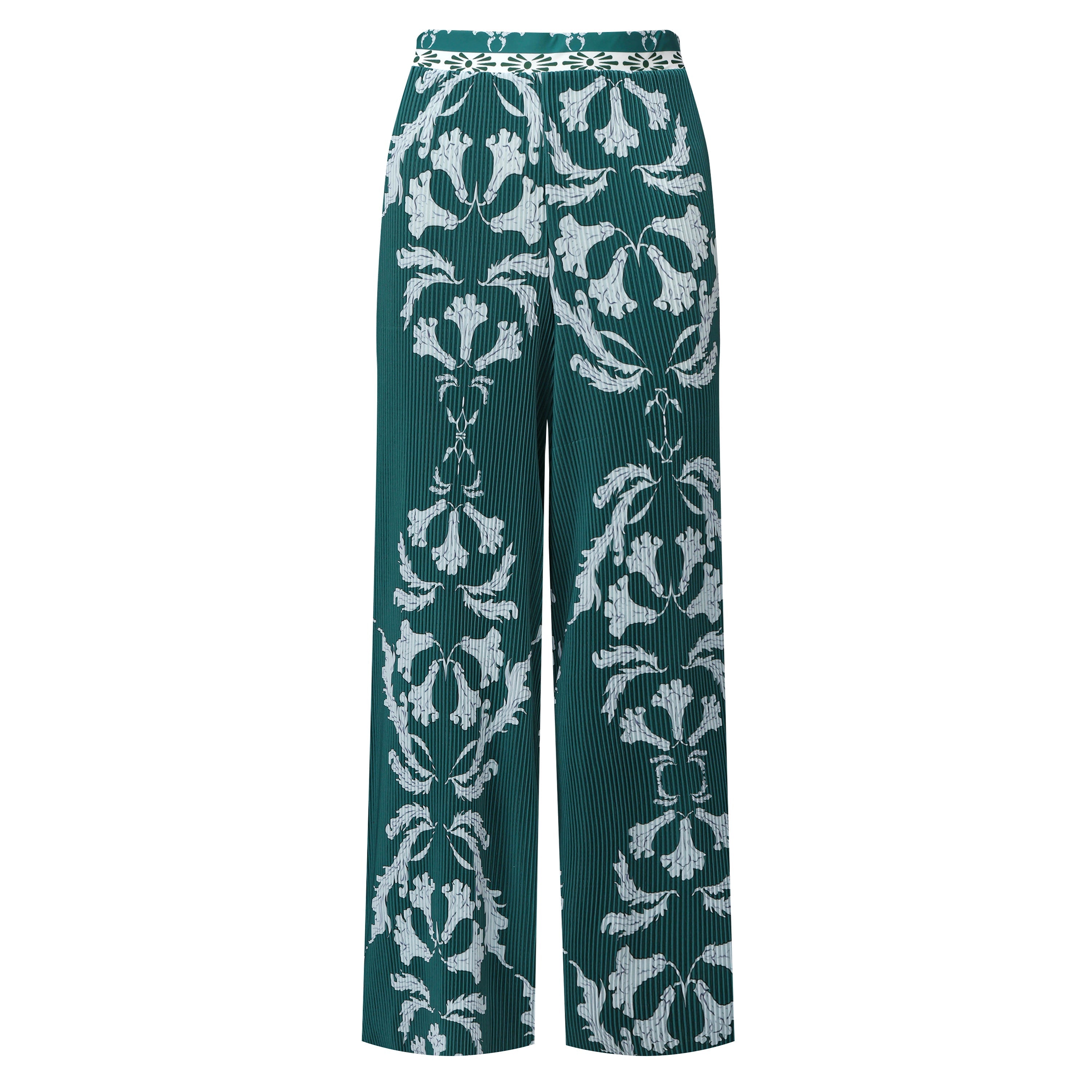 Green Flowy High-Waisted Floral Palazzo Pants Wide-Leg Trousers