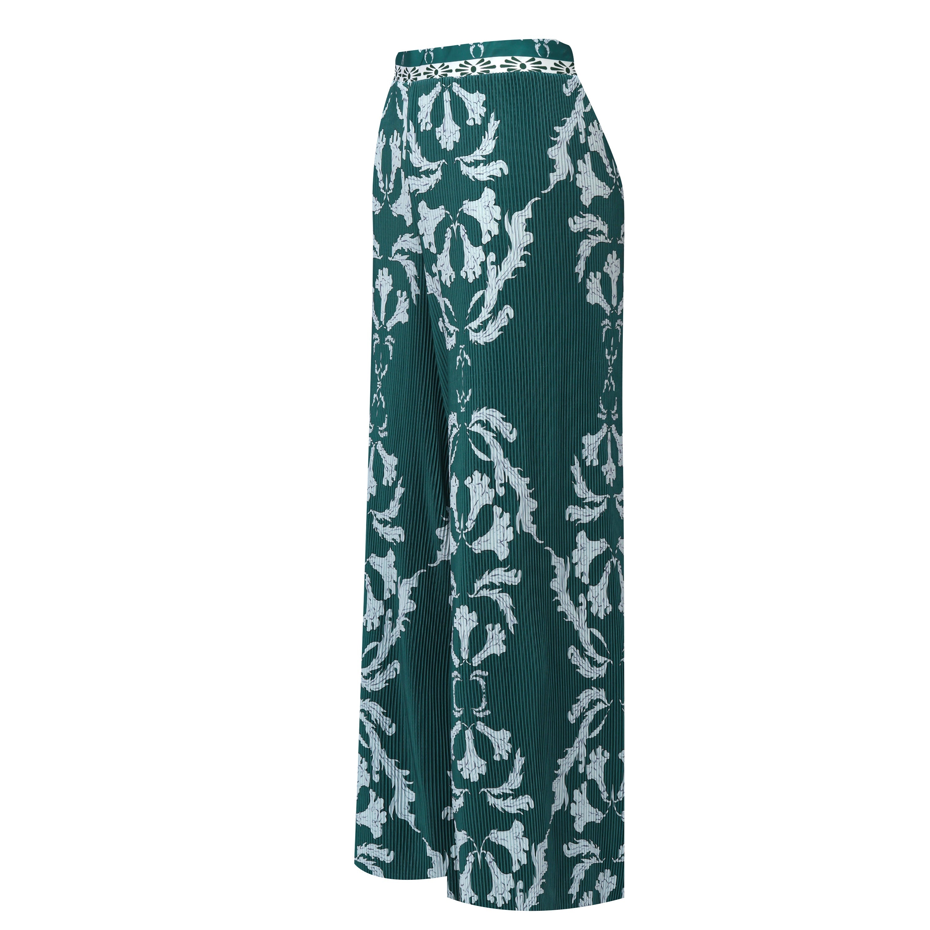Green Flowy High-Waisted Floral Palazzo Pants Wide-Leg Trousers