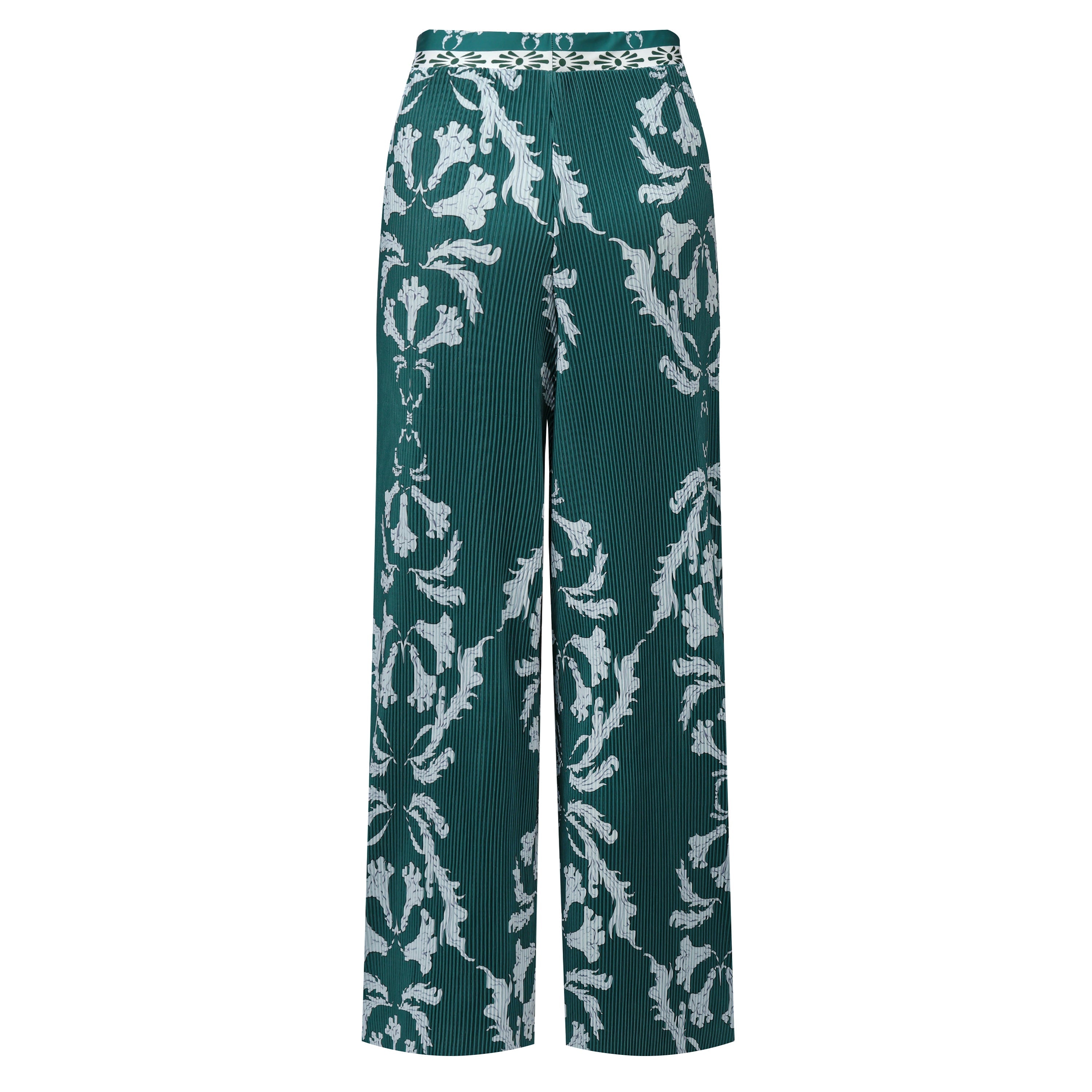 Green Flowy High-Waisted Floral Palazzo Pants Wide-Leg Trousers