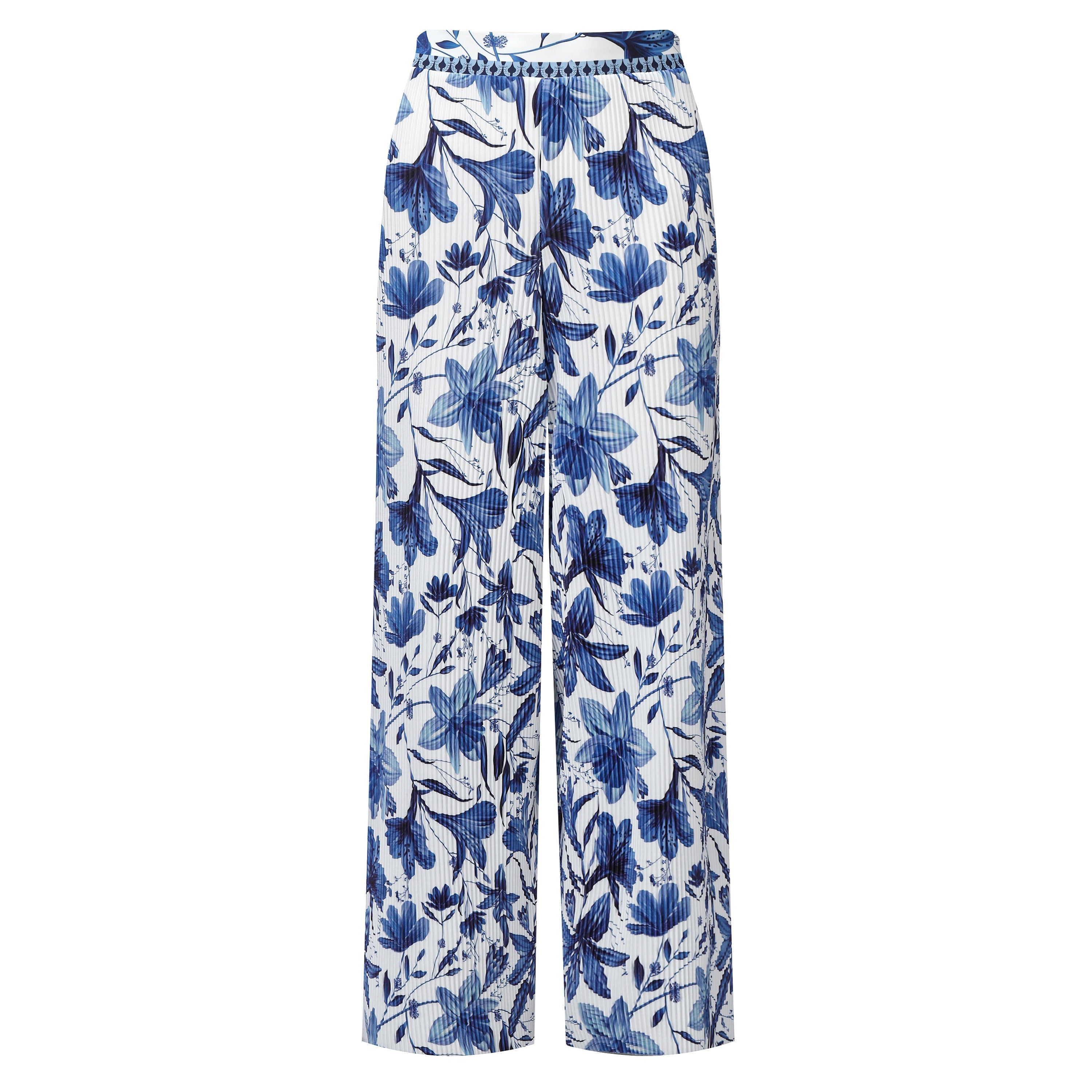 Boho Breeze Blue Floral Wide-Leg Trousers Palazzo Pants CORE(0XL-XL)