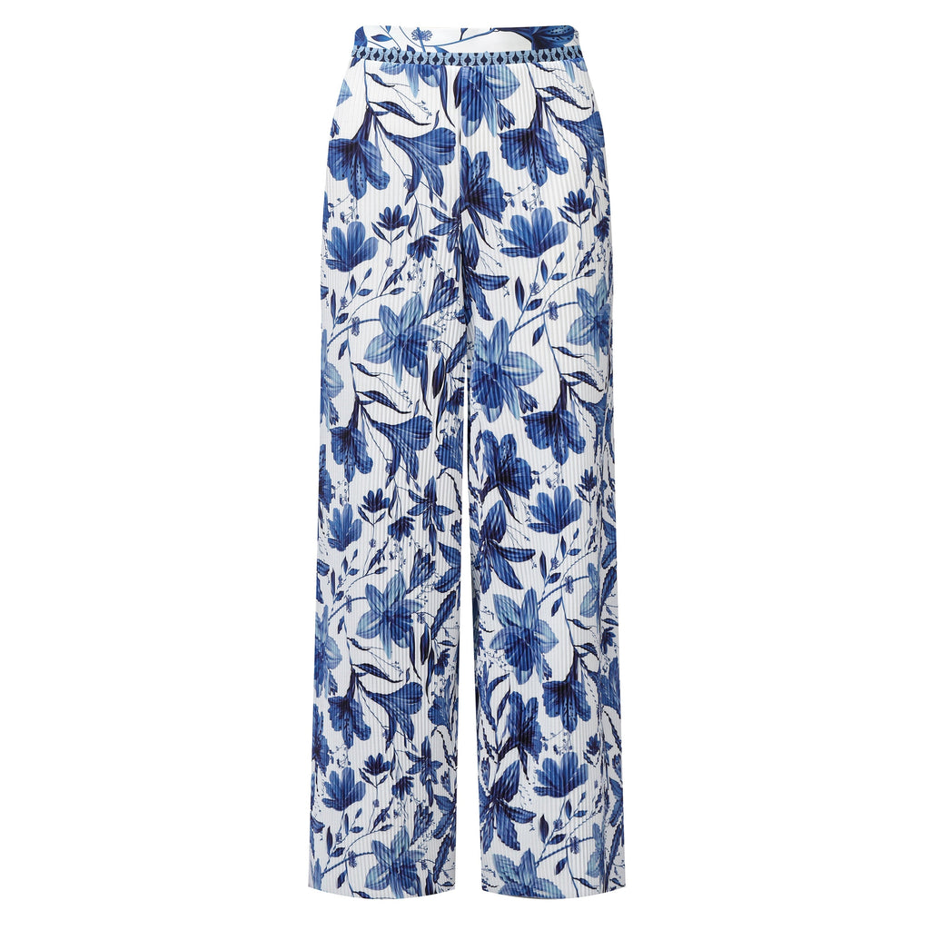 Boho Breeze Blue Floral Wide-Leg Trousers Palazzo Pants XPLUS(4XL-5XL)