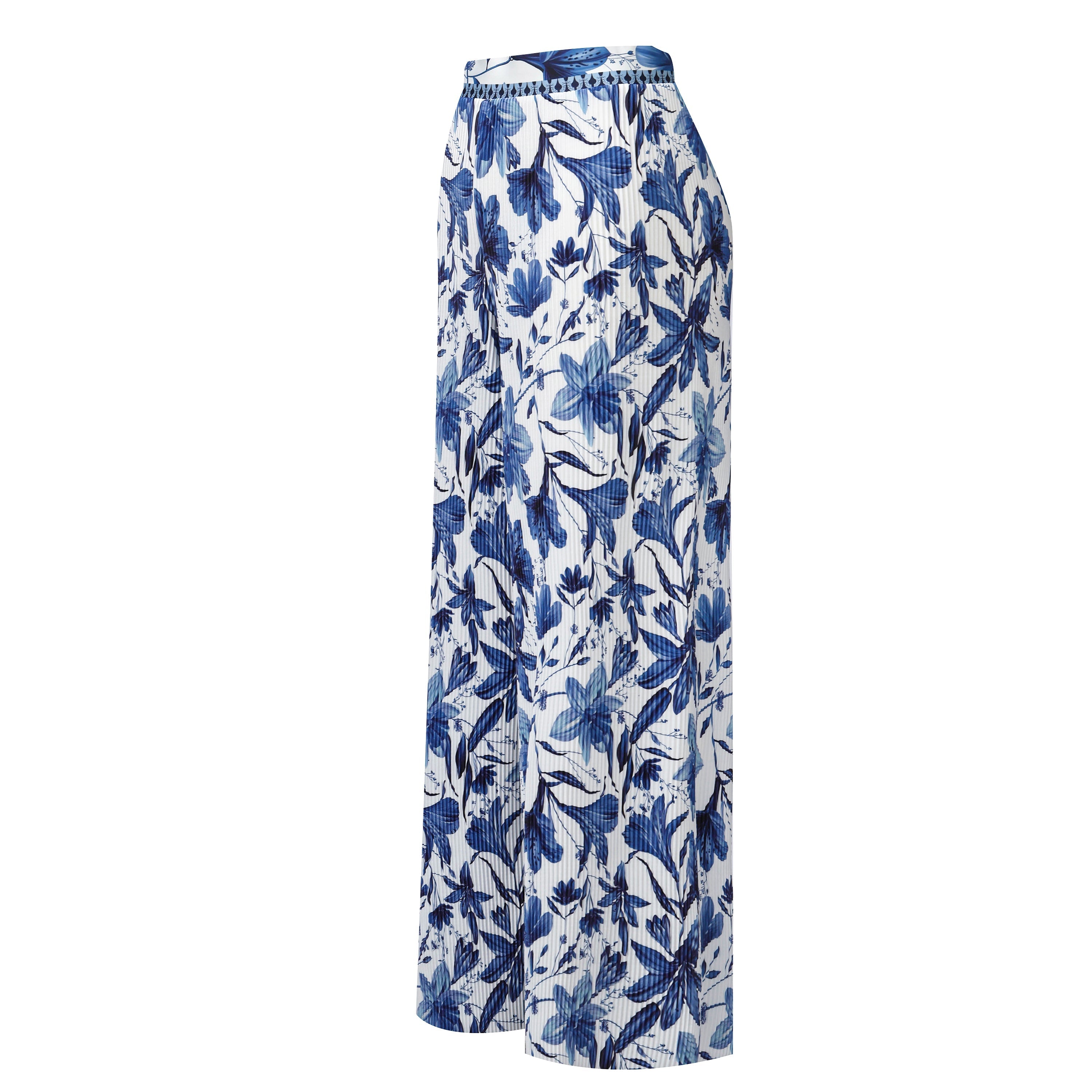 Boho Breeze Blue Floral Wide-Leg Trousers Palazzo Pants CORE(0XL-XL)