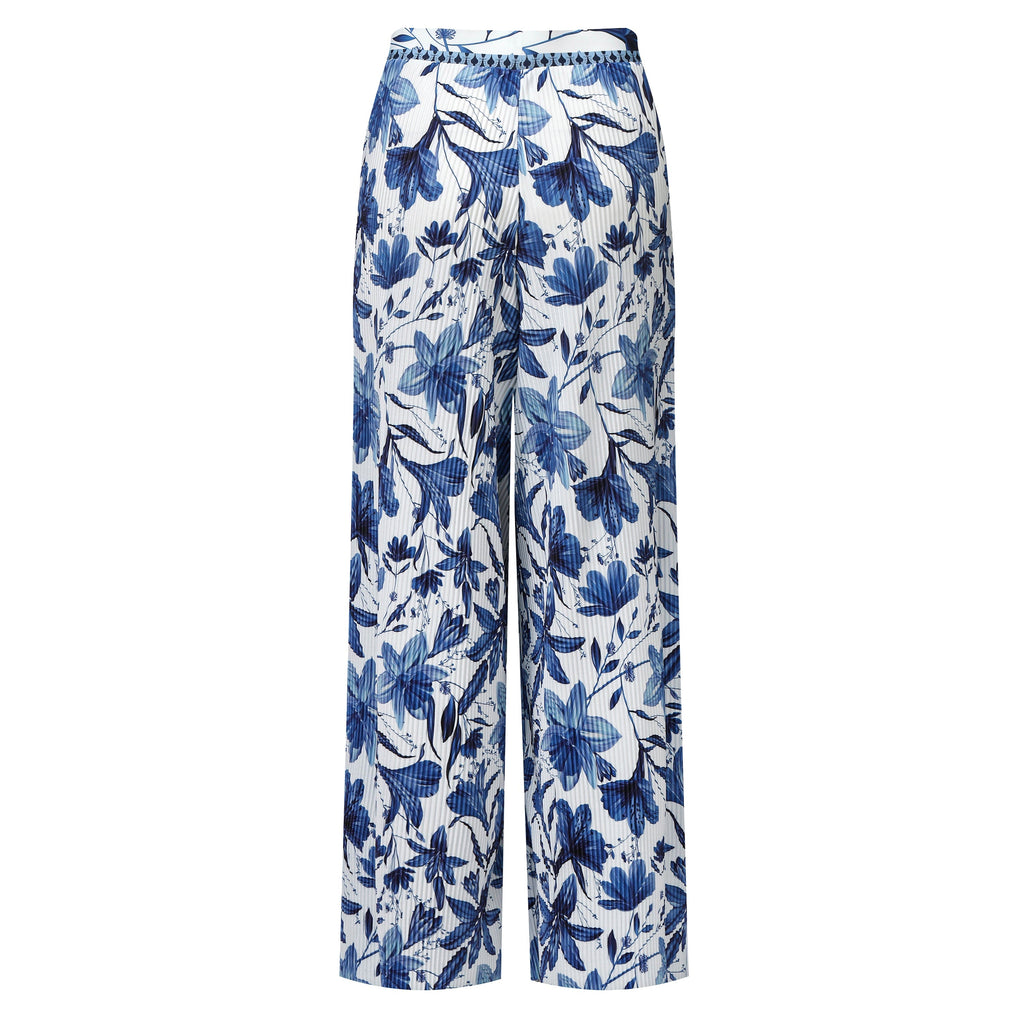 Boho Breeze Blue Floral Wide-Leg Trousers Palazzo Pants CORE(0XL-XL)