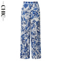 Chic Pleated Pants with Indigo Botanical Print  Palazzo Pants
