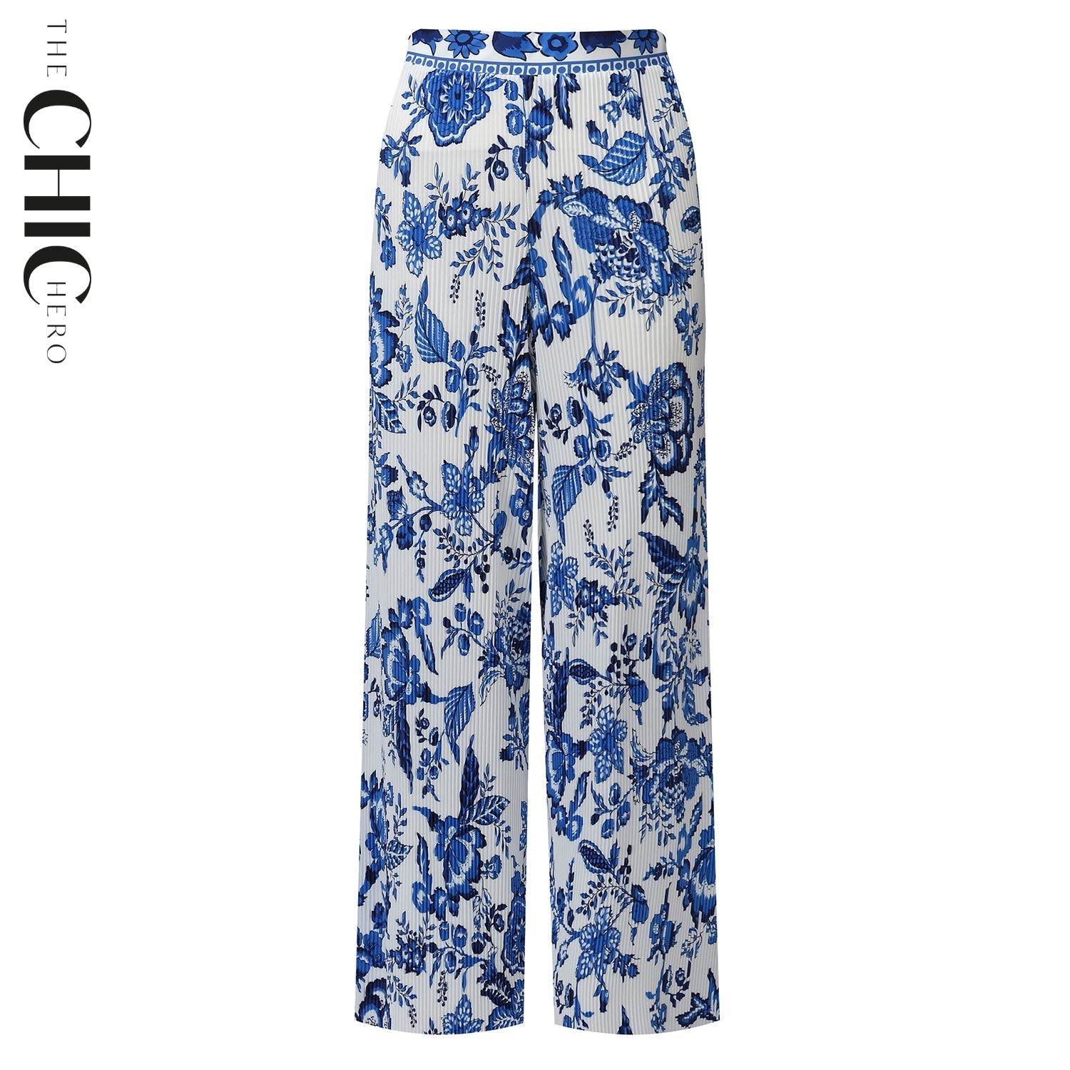 Chic Pleated Pants with Indigo Botanical Print  Palazzo Pants