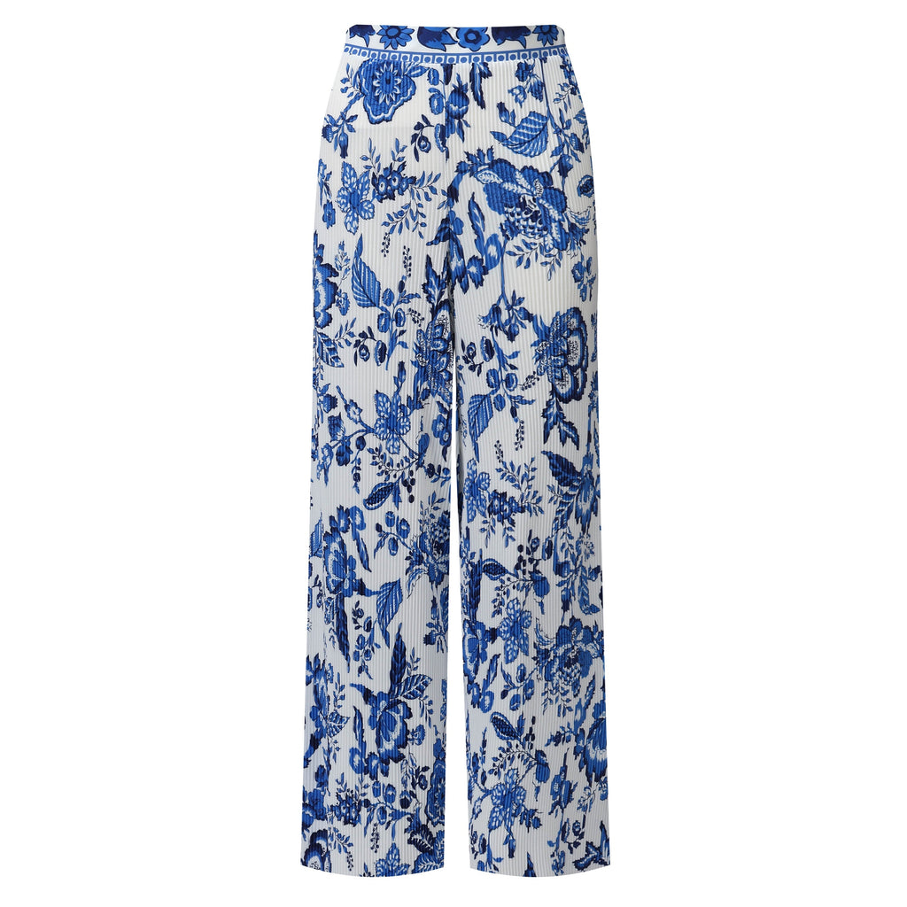 Chic Pleated Pants with Indigo Botanical Print  Palazzo Pants