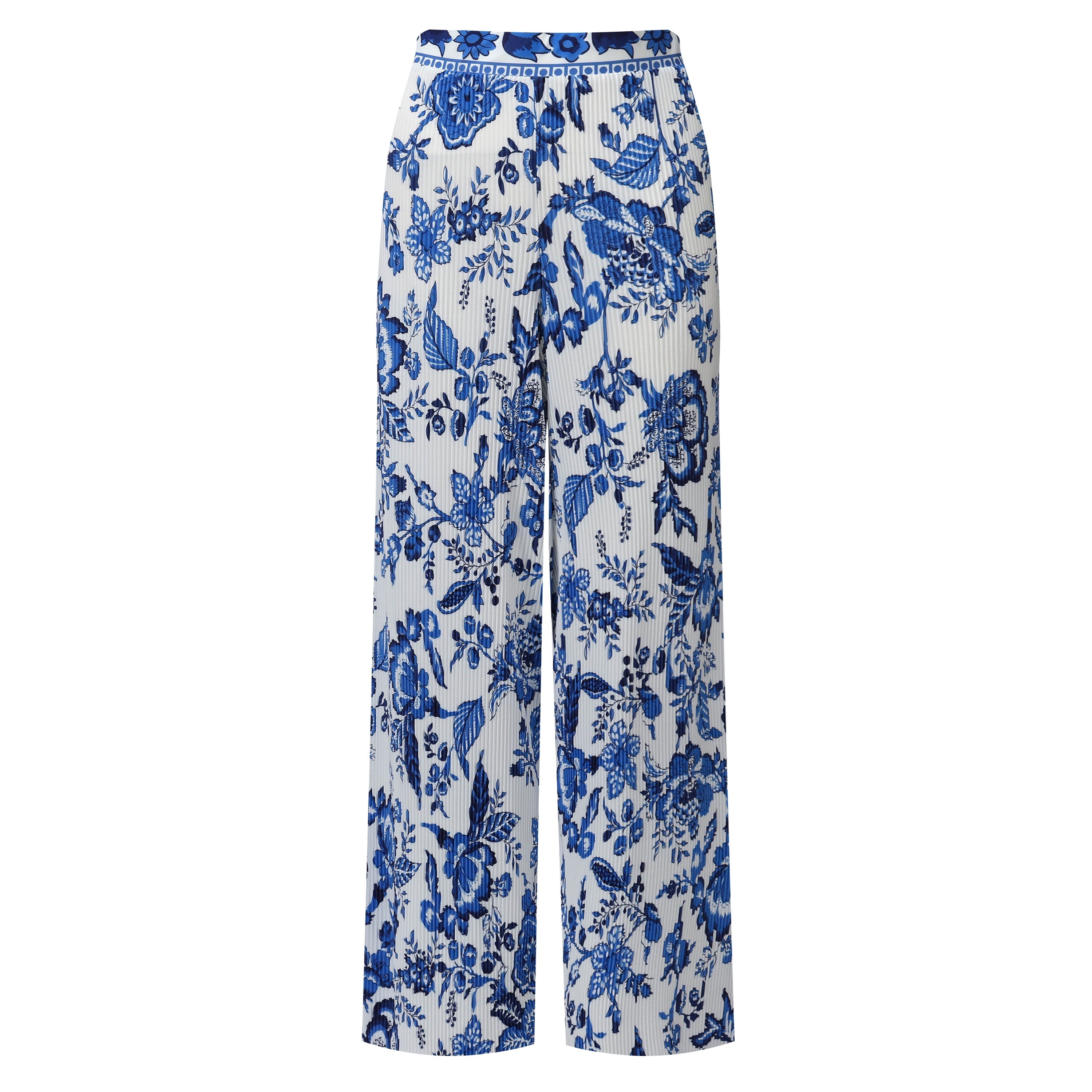 Chic Pleated Pants with Indigo Botanical Print  Palazzo Pants