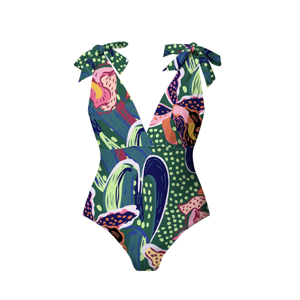 Green Parrot Tropical Exotic Flower Motifs One-Piece Swimsuit&Skirt