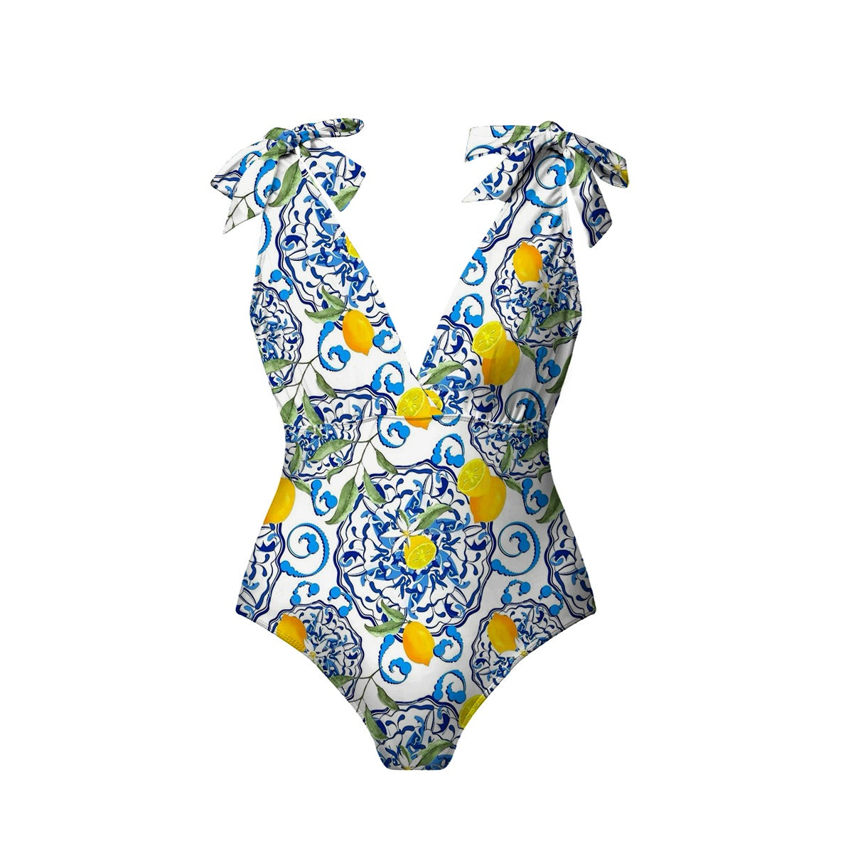 Lemon Motifs Blue Scrollwork Ornate Print One-Piece Swimsuit&Skirt&Pants