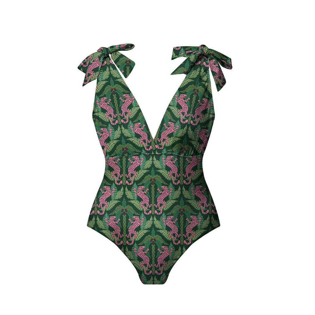 Dark Green Jungle Tiger Leaf Print One-Piece Swimsuit&Skirt