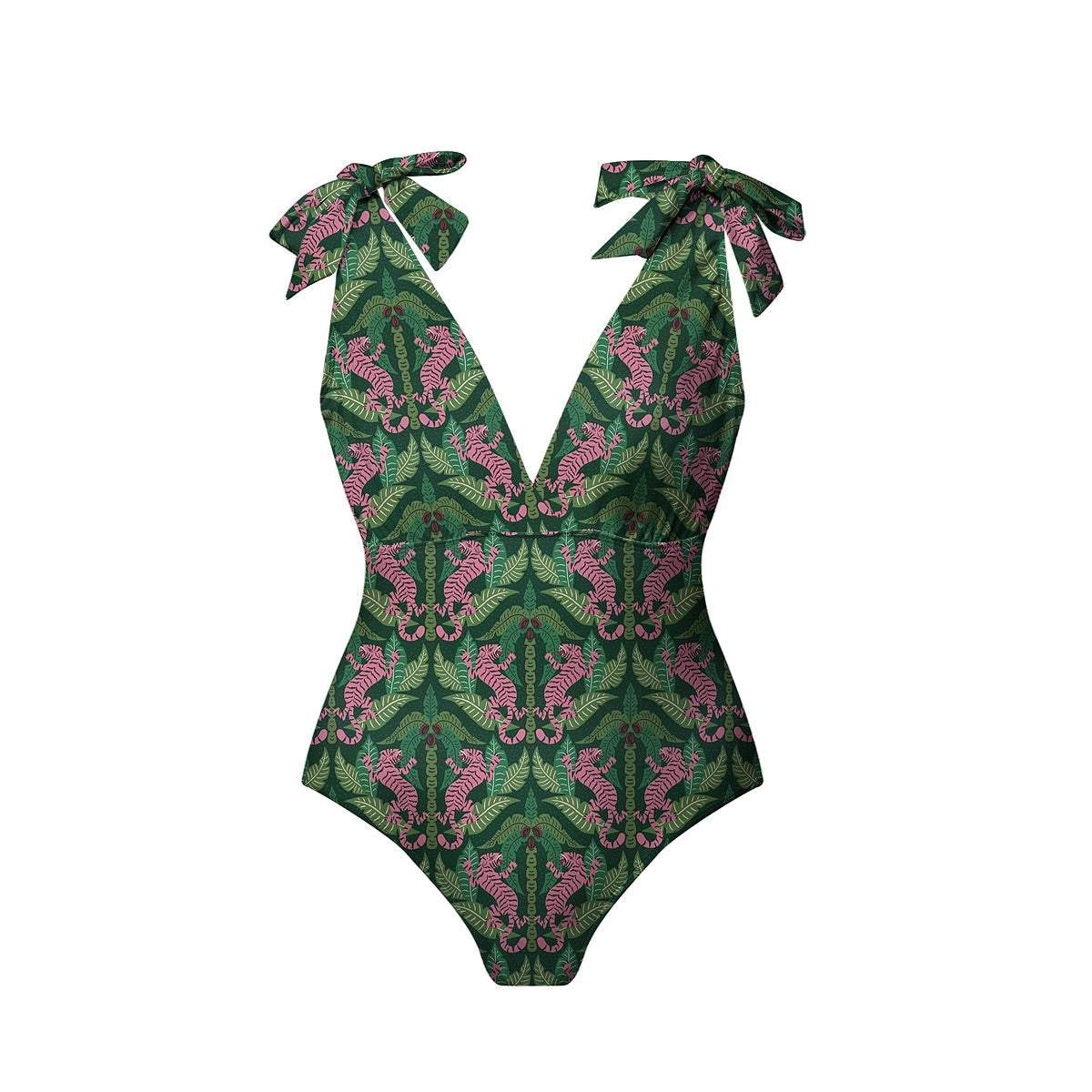 Dark Green Jungle Tiger Leaf Print One-Piece Swimsuit&Skirt