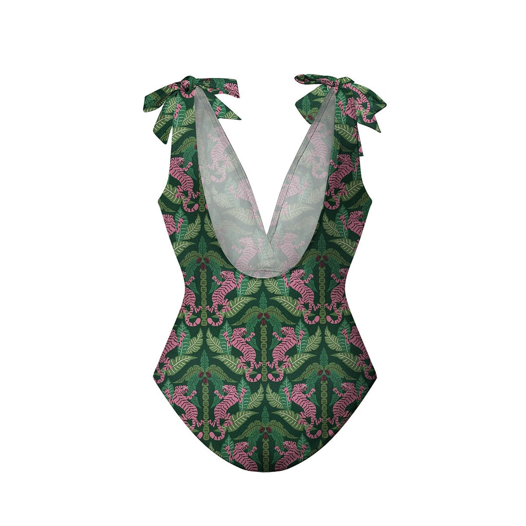 Dark Green Jungle Tiger Leaf Print One-Piece Swimsuit&Skirt