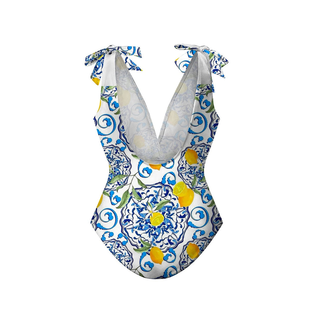 Lemon Motifs Blue Scrollwork Ornate Print One-Piece Swimsuit&Skirt&Pants