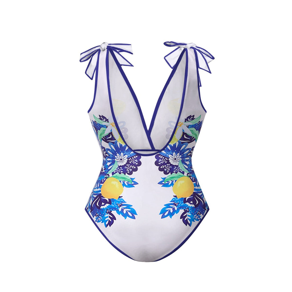 Lemon Blue Floral Print One-Piece Swimsuit&Skirt&Pants