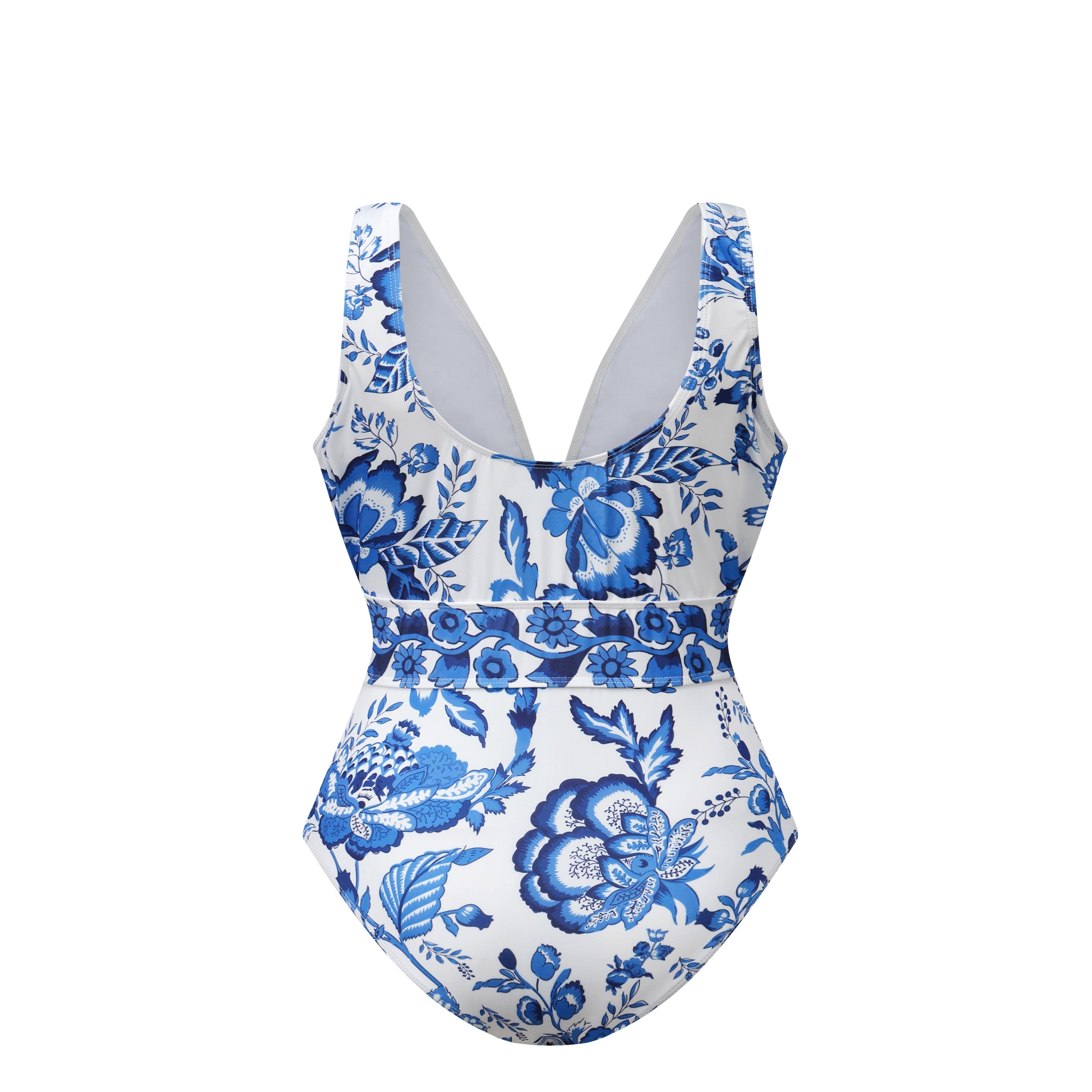 Chic Indigo Botanical Print One-Piece Swimsuit&Skirt