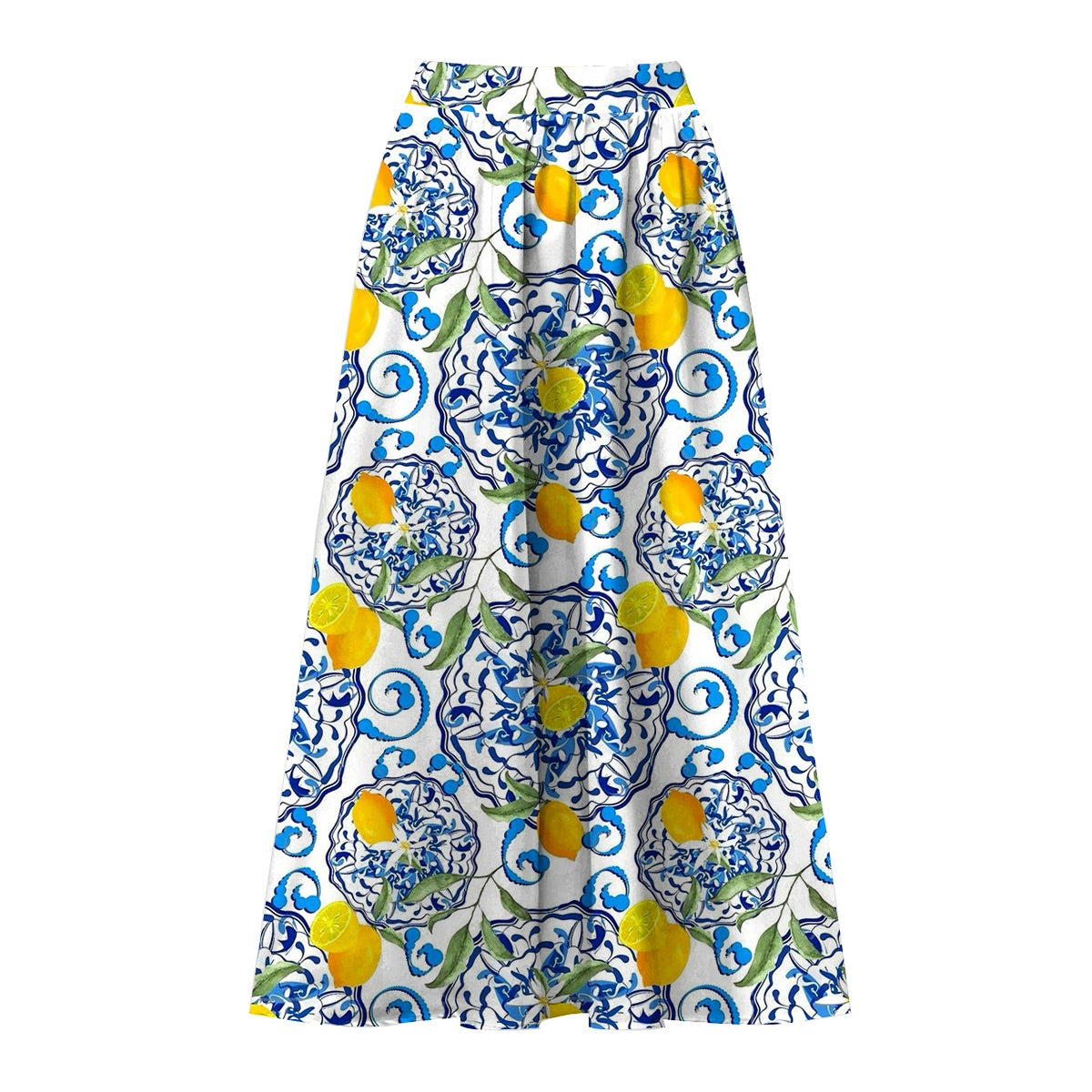 Lemon Motifs Blue Scrollwork Ornate Print One-Piece Swimsuit&Skirt