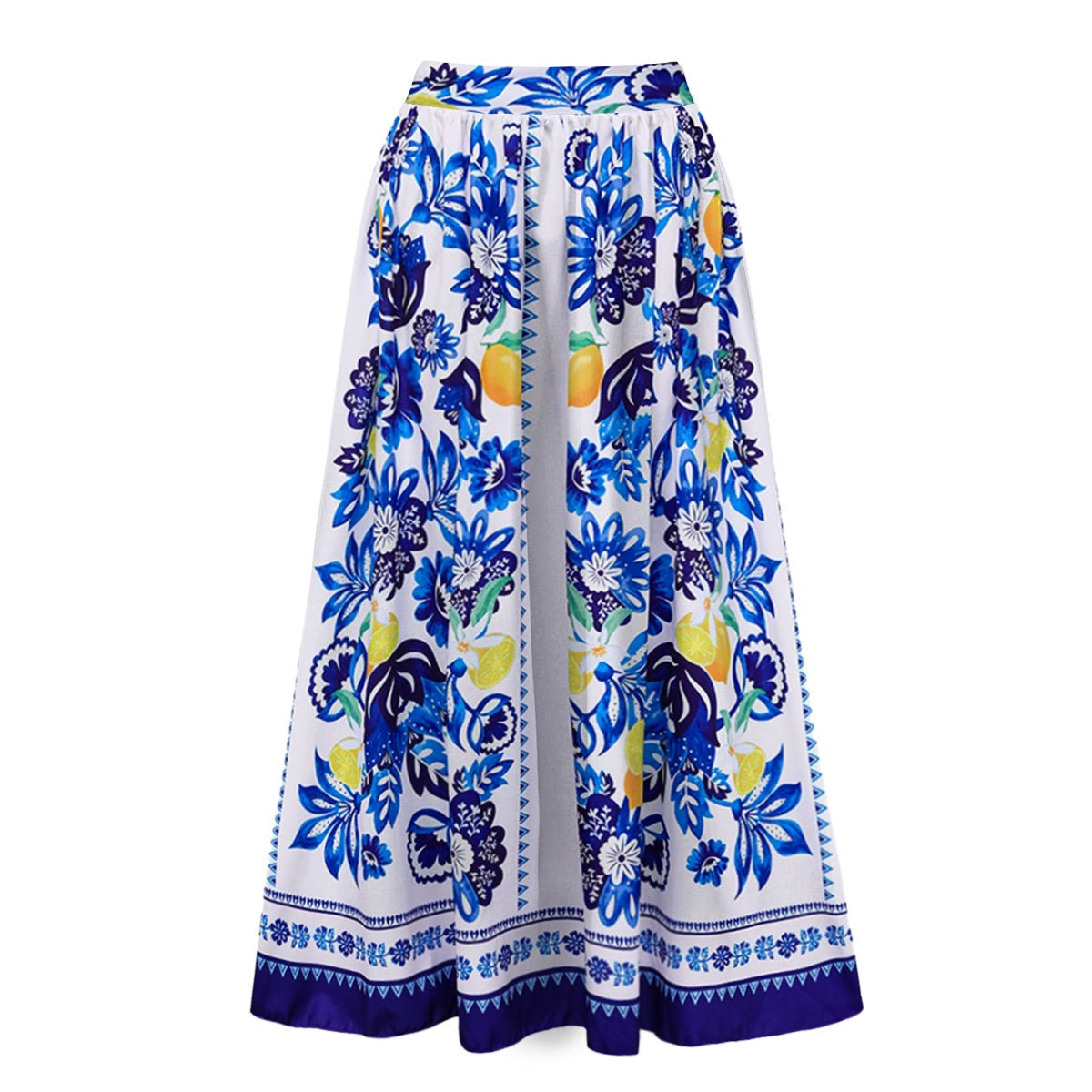 Lemon Blue Floral Print One-Piece Swimsuit&Skirt