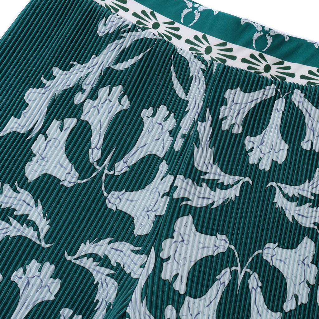 Green Flowy High-Waisted Floral Palazzo Pants Wide-Leg Trousers