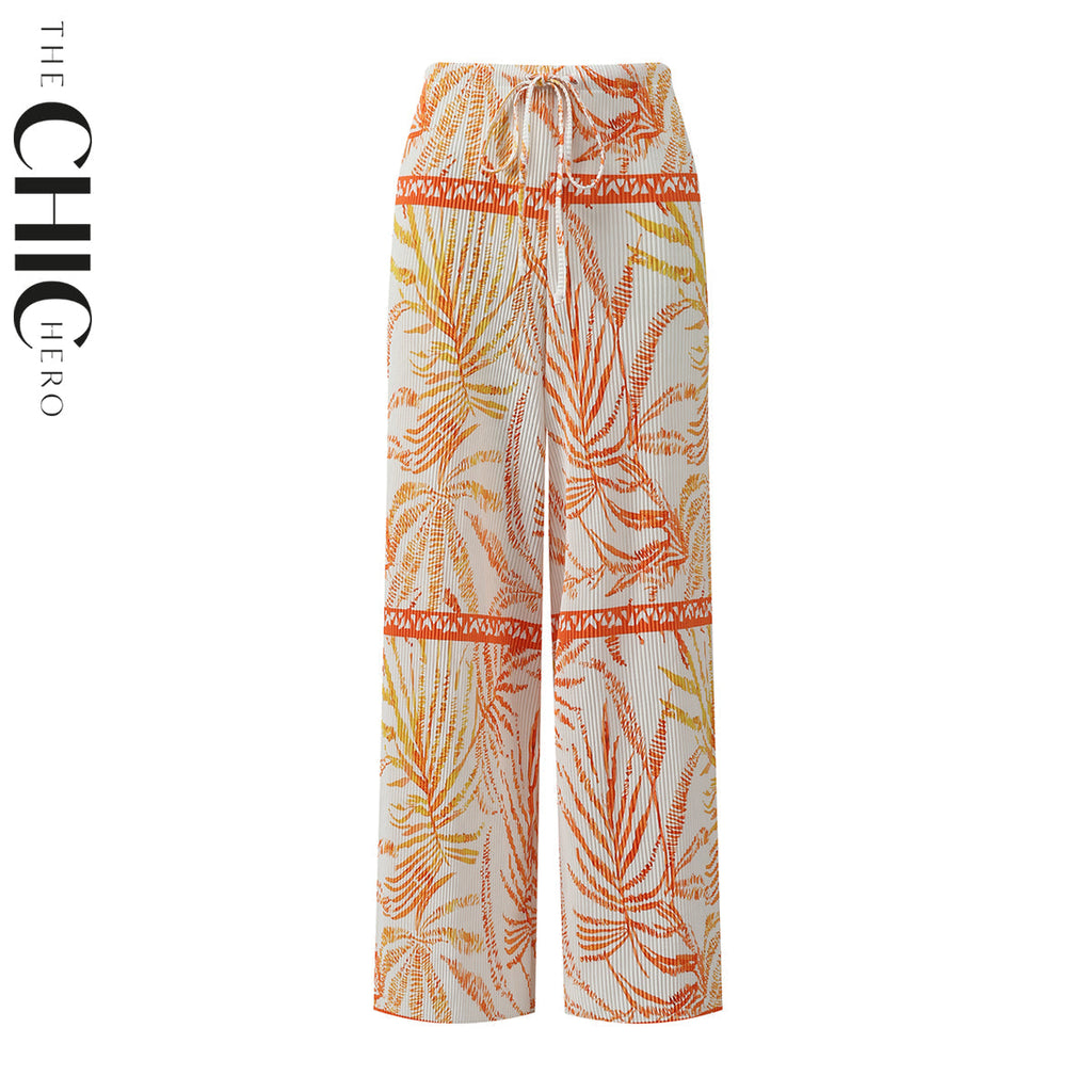 Orange Leaves Pattern V-Neck Vest Top & Pleated Pants