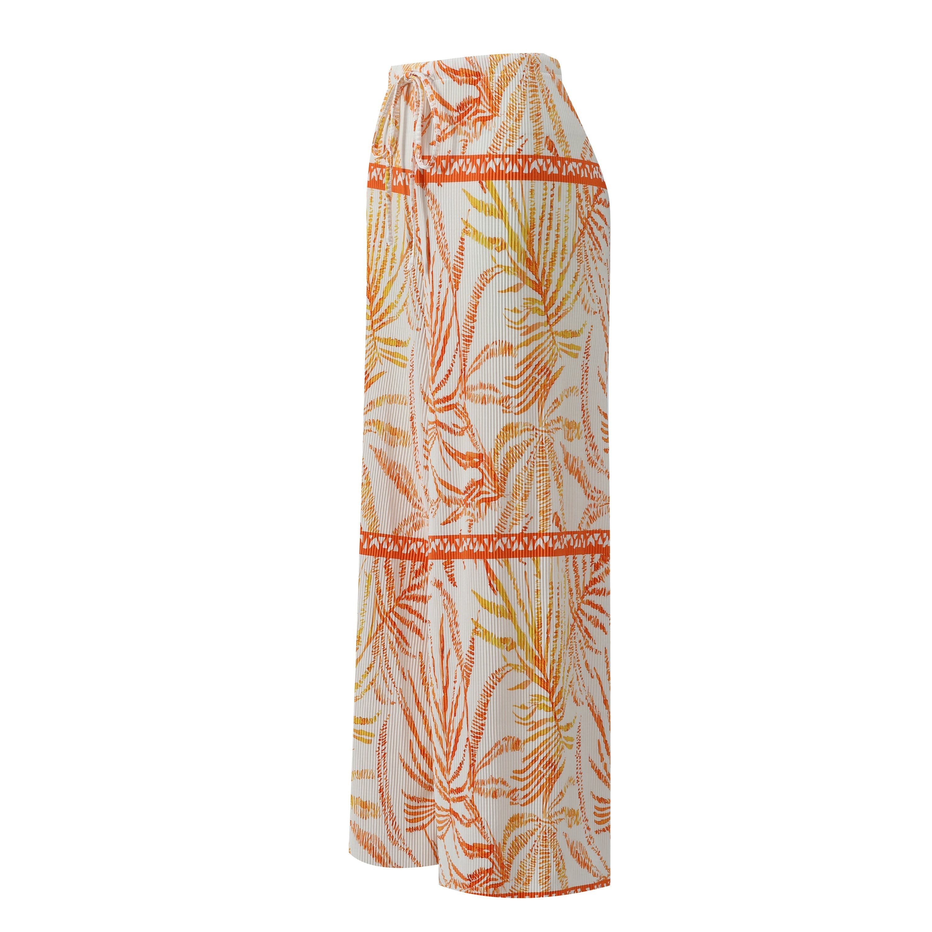 Orange Leaves Pattern V-Neck Vest Top & Pleated Pants
