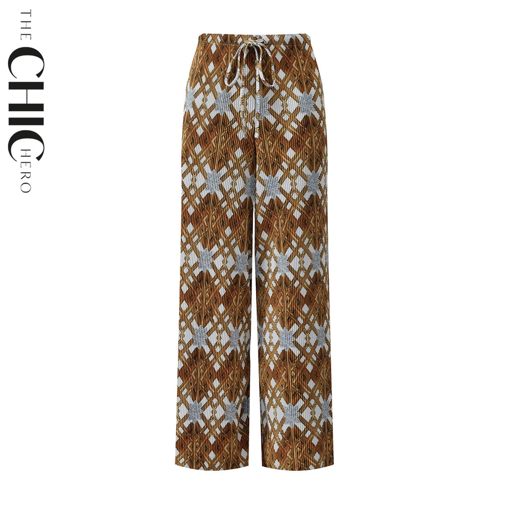 Brown Retro Pattern V-Neck Vest Top & Pleated Pants