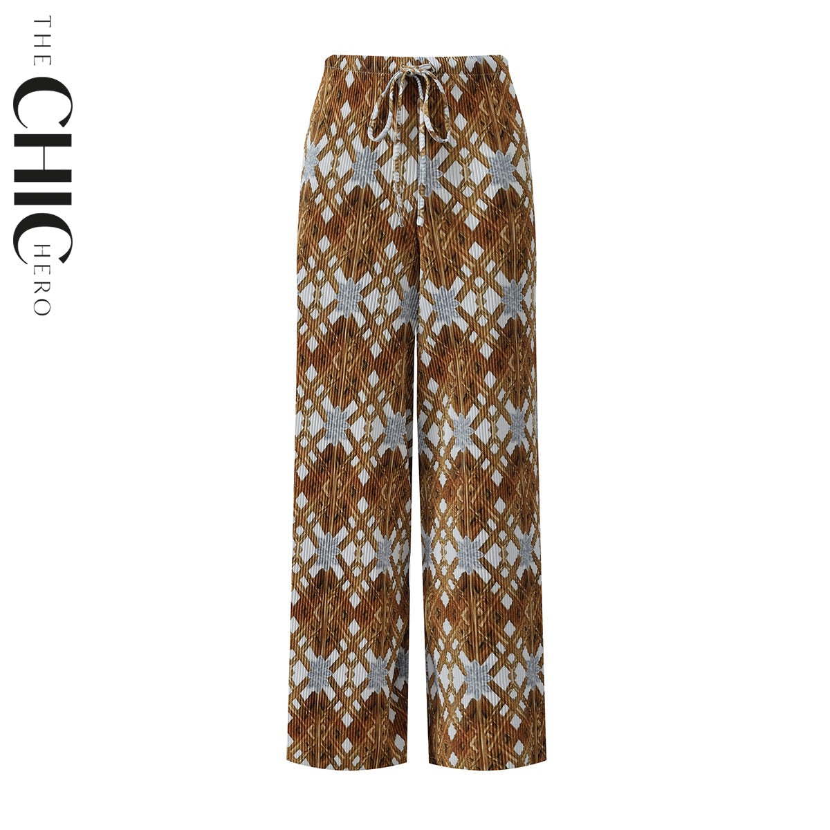 Brown Retro Pattern V-Neck Vest Top & Pleated Pants