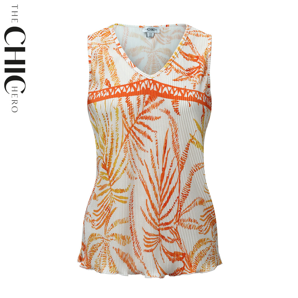 Orange Leaves Pattern V-Neck Vest Top & Pleated Pants