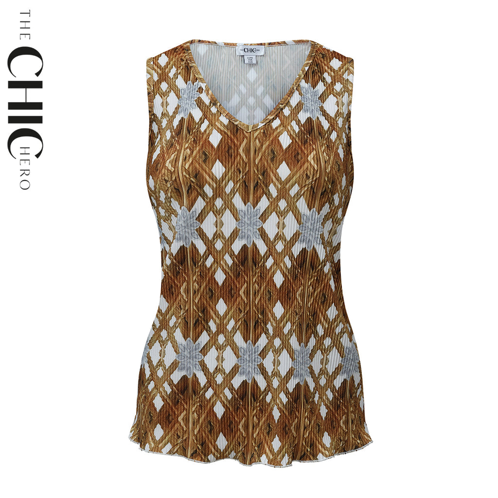 Brown Retro Pattern V-Neck Vest Top & Pleated Pants