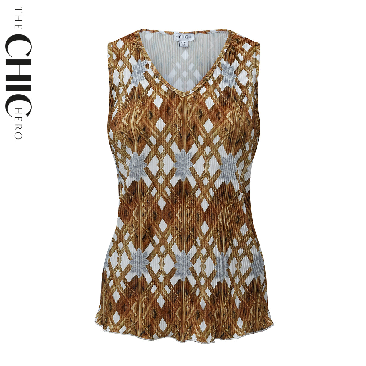 Brown Retro Pattern V-Neck Vest Top & Pleated Pants