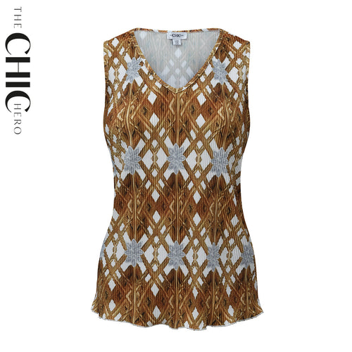 Brown Retro Pattern V-Neck Vest Top & Pleated Pants