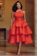 One Shoulder Cinched Waist Layered Hem Party Midi Dresses-Orange