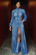 Mock Neck Bell Sleeve Quilted High Slit Denim Maxi Dresses-Blue
