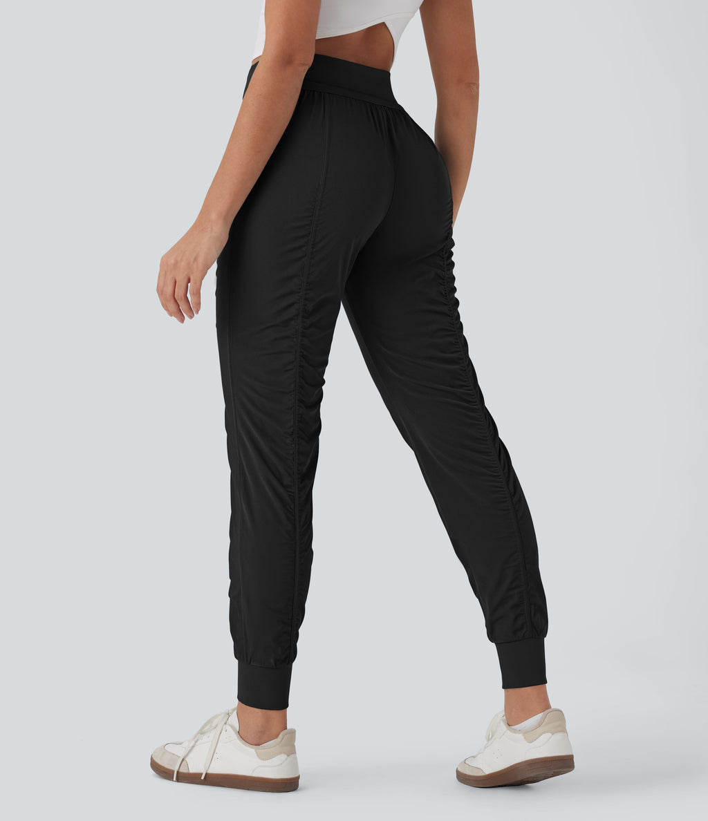 High Waisted Drawstring Tapered Travel Joggers with Side Zip Pockets