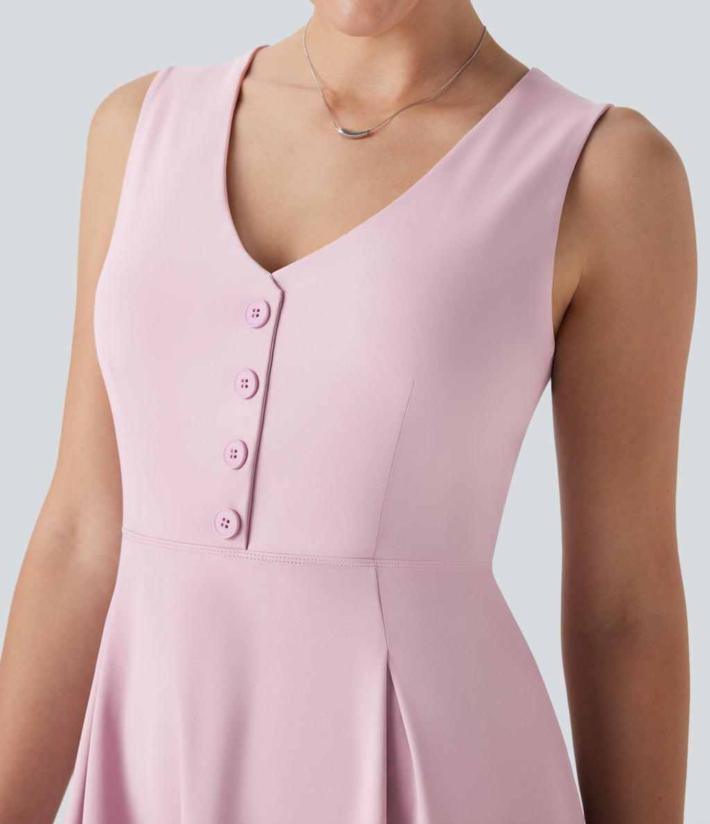 V Neck Sleeveless Decorative 2-Piece Mini Casual Dress with Pocket