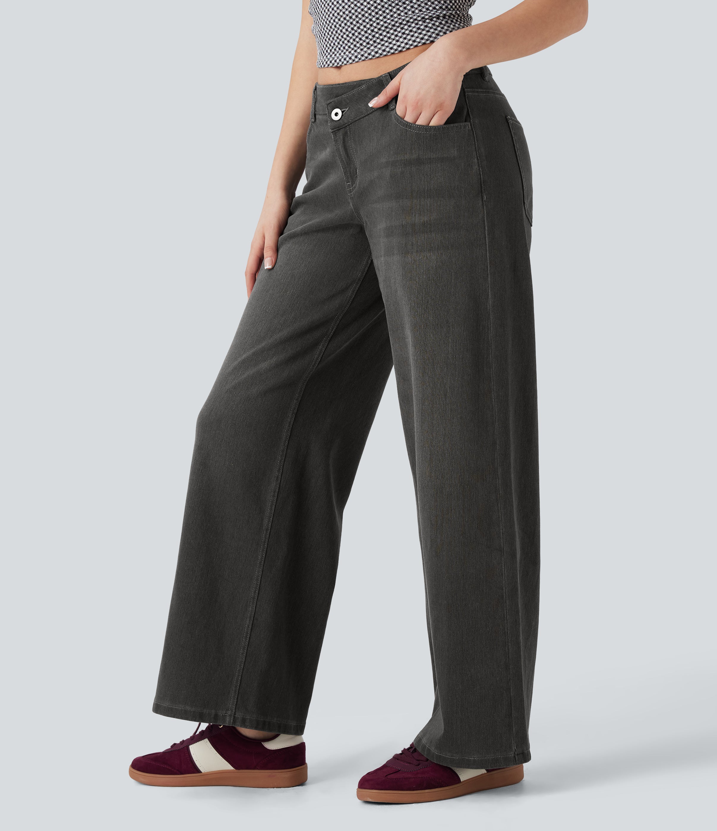 FlexTM Asymmetric Low Rise Zipper Pockets Baggy Wide Leg Washed Casual Jeans