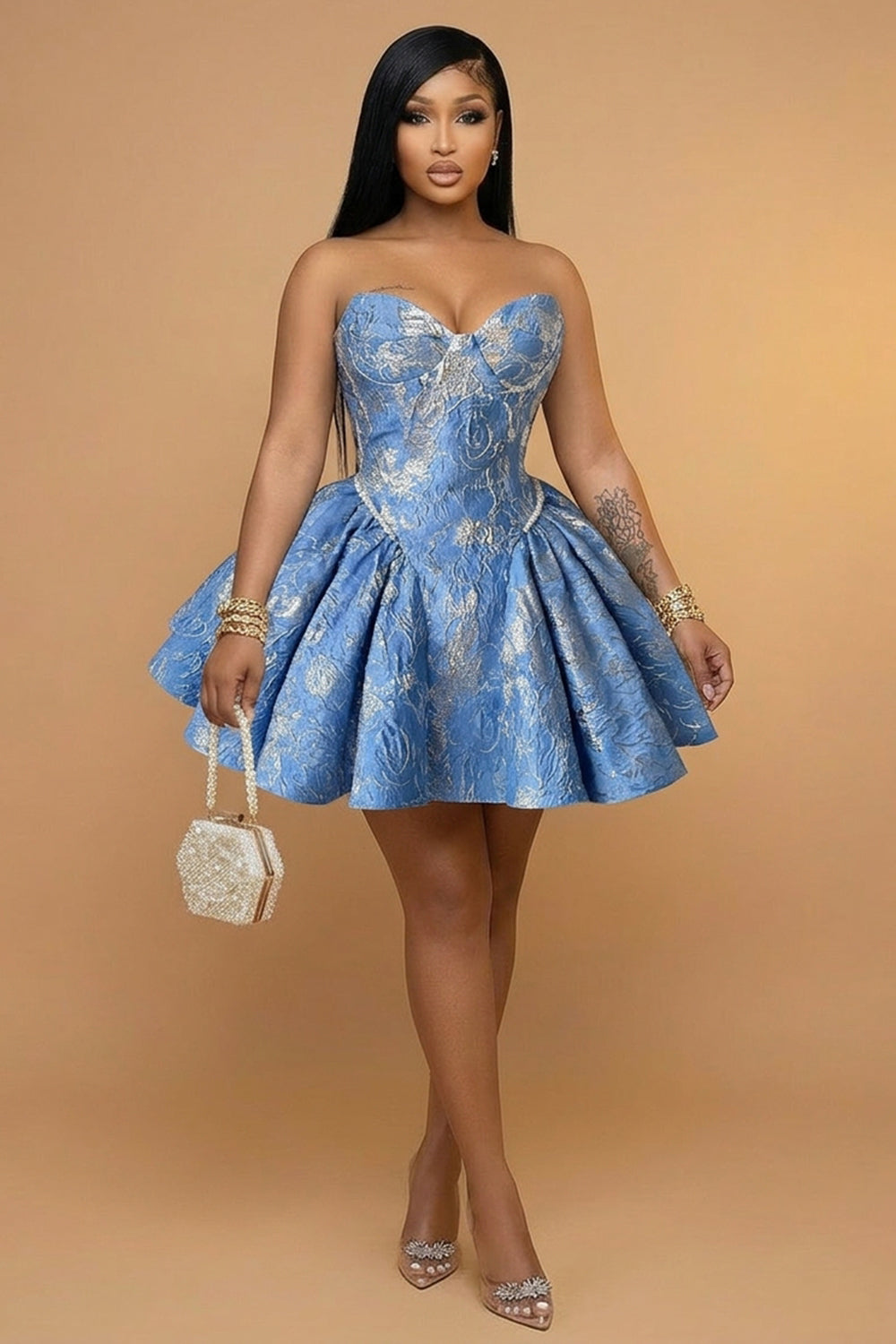 Strapless Sweetheart Neck Jacquard A-Line Gowns Mini Dresses-Blue